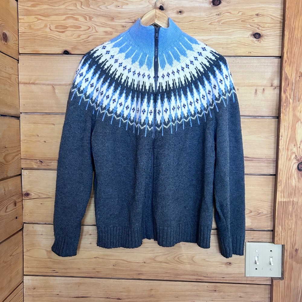 Vintage Silk Fair Isle Zip Sweater Womens Large Charcoal Blue Northern Reflectio